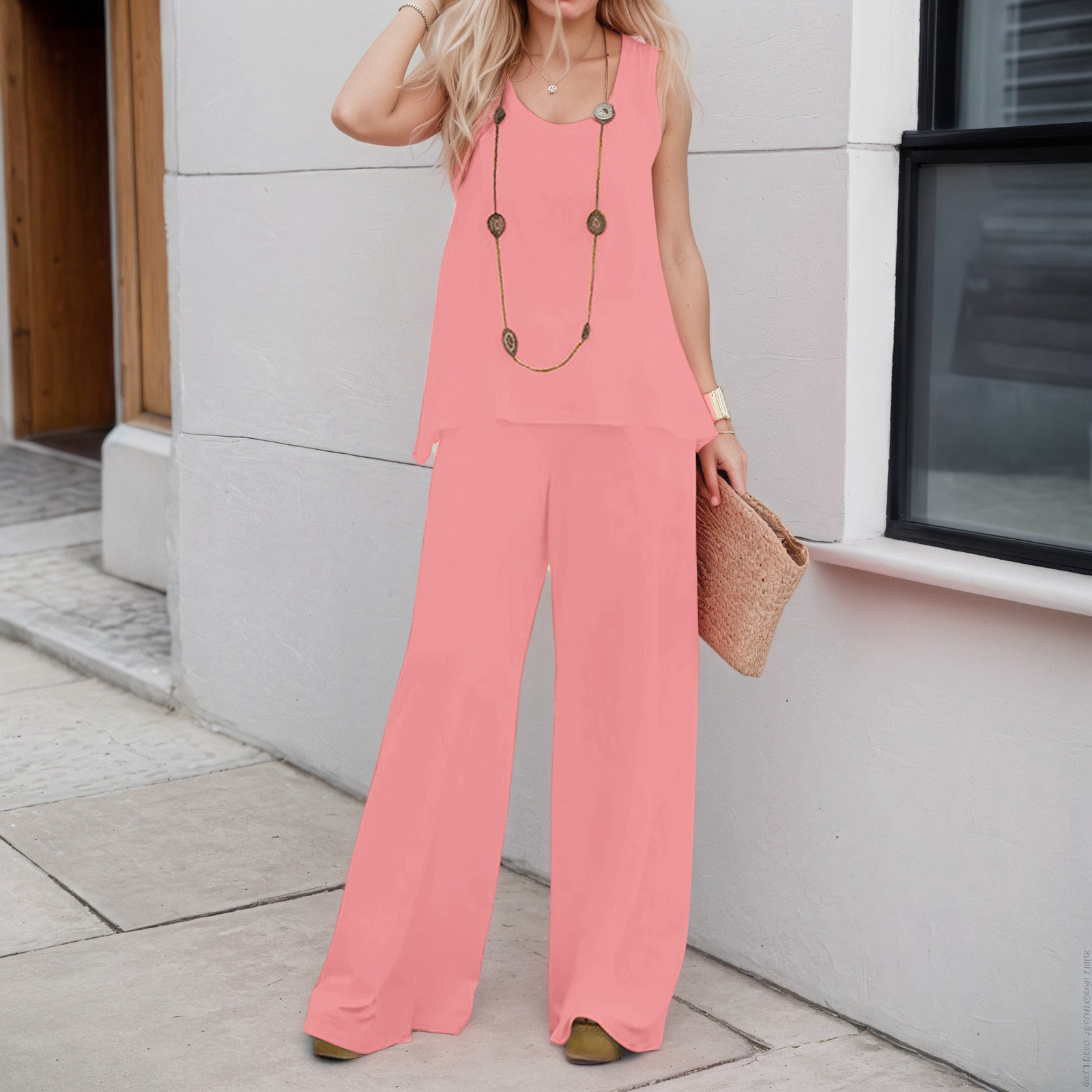 thumbnail image 2 of Conjunto de 2 piezas para mujer: chaleco sin mangas y pantalones anchos, estilo boho informal, color liso, mezcla de poliéster y spandex, 2 of 5
